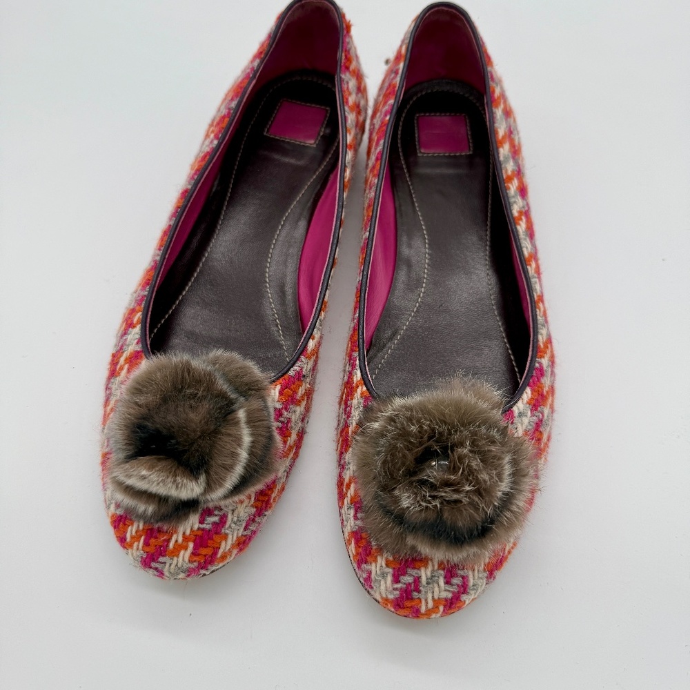 Vintage Coach Made in Italy Tweed Fur Pom Flats A2053  Size 10 Parisiancore